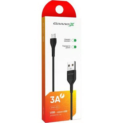Дата кабель USB 2.0 AM to Micro 5P 1.0m Grand-X (PM-03B) кабель, USB 2.0, micro USB, 1 м, 3 А, чорни